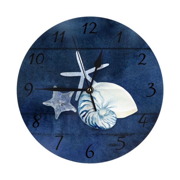 Reloj de pared con diseño de estrella de mar, nautilus, conchas marinas, acuarela, playa, azul, silencioso, de 10 pulgadas, estilo rústico retro, decorativo para sala de estar, cocina, hogar, baño y