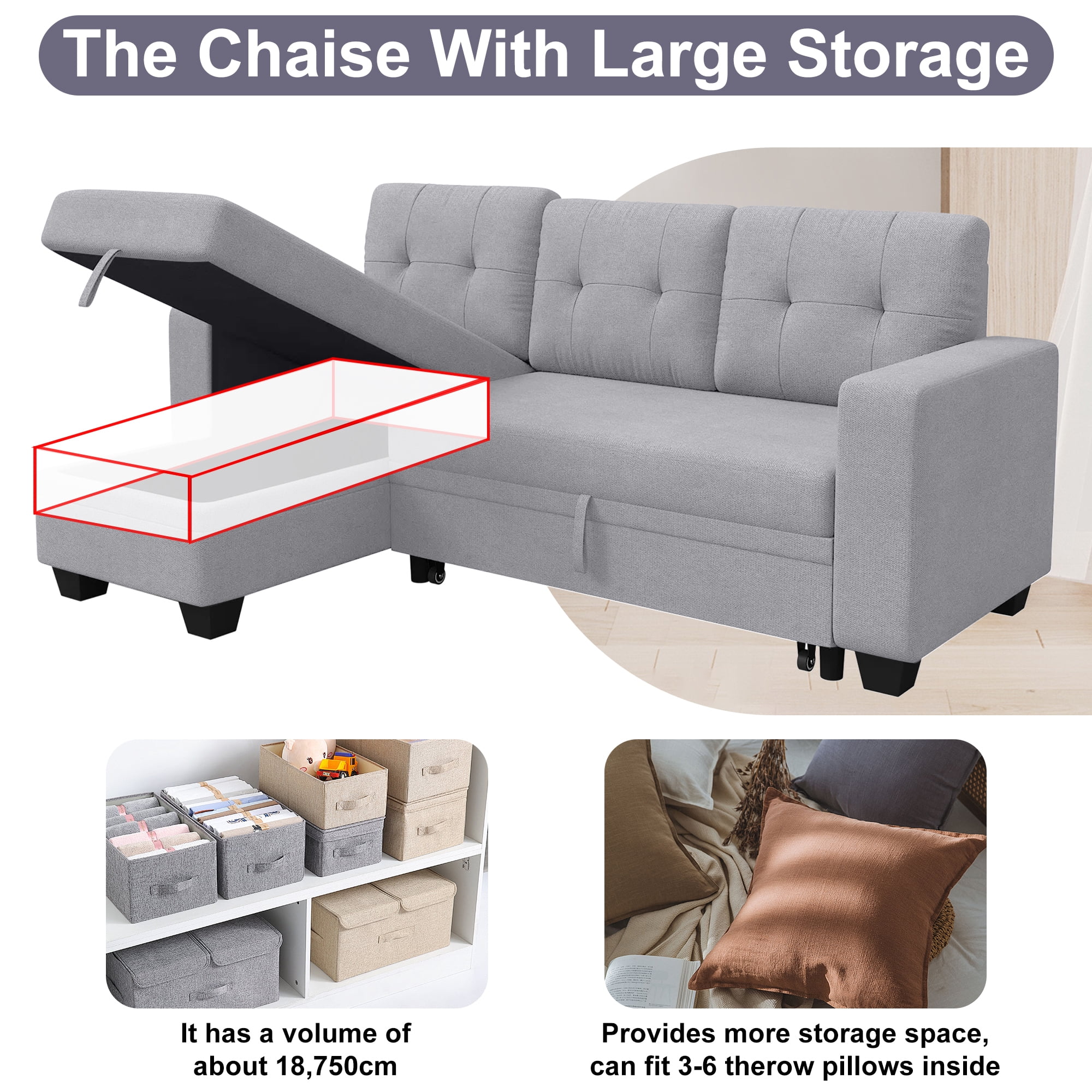 DEALTOPS Linen Reversible Sleeper Sectional Sofa Bed with Storage Chaise,Gray