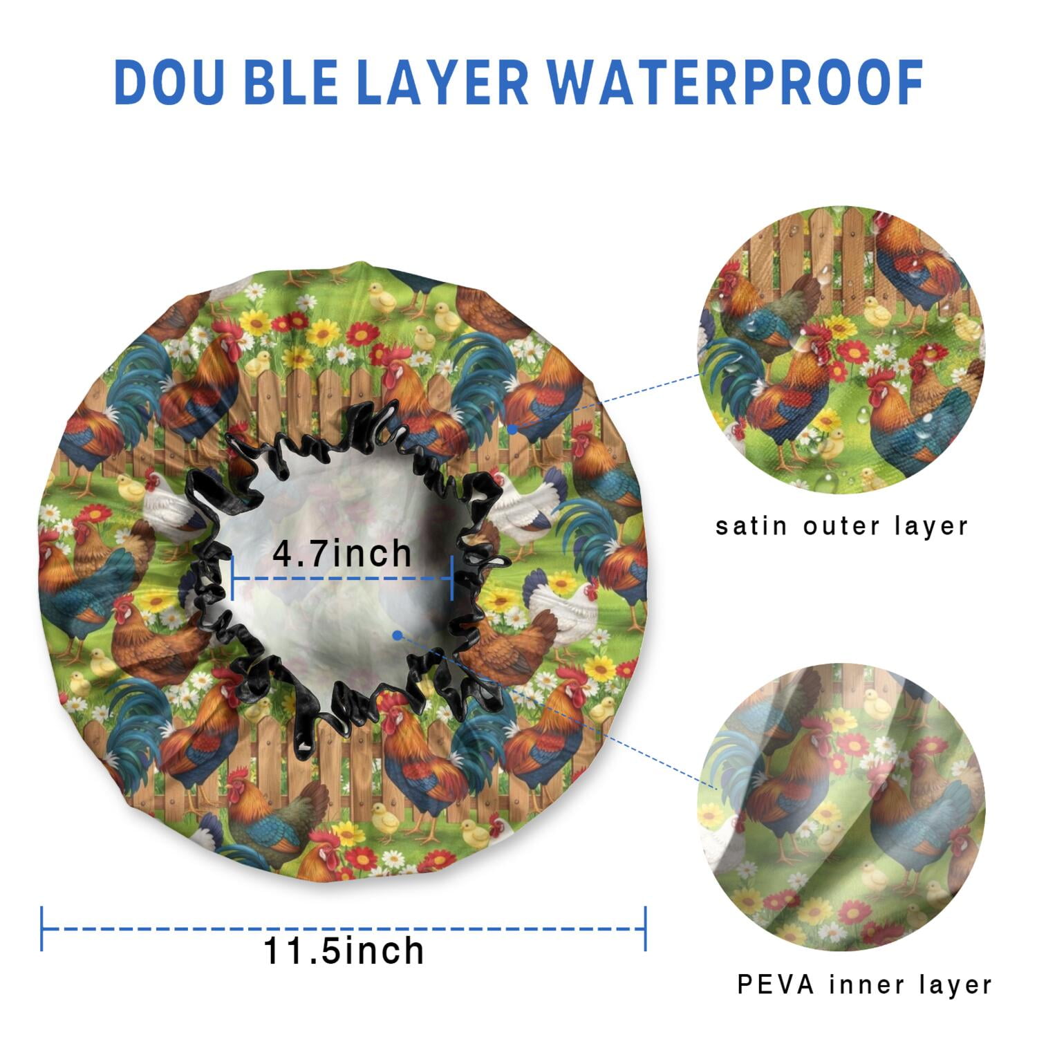 Shower Caps,Green Chicken Farm Pattern Waterproof Shower Cap for Women 4 Pieces,Double Reusable Hair Cover for Shower PEVA Elastic Stretch Hem