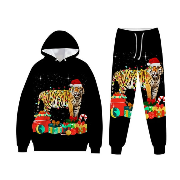 CONZONE Christmas Mens Sweatsuit 2 Piece Sets Casual Men's Jogging Tracksuit Set Xmas Graphic Print Pullover Hoodie Pants Sweat Suit for Men Cozy Fall Winter Athletic Track Suit Outfits
