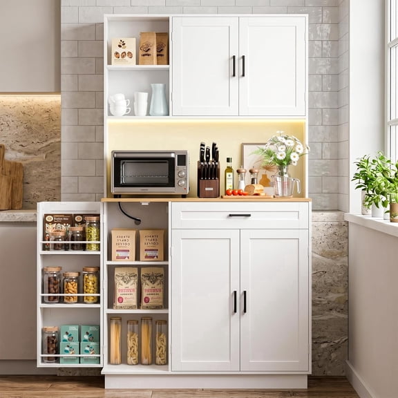 ReeQuo 71" Kitchen Pantry Storage Cabinet with Charging Station, Farmhouse Hutch Cabinet, White