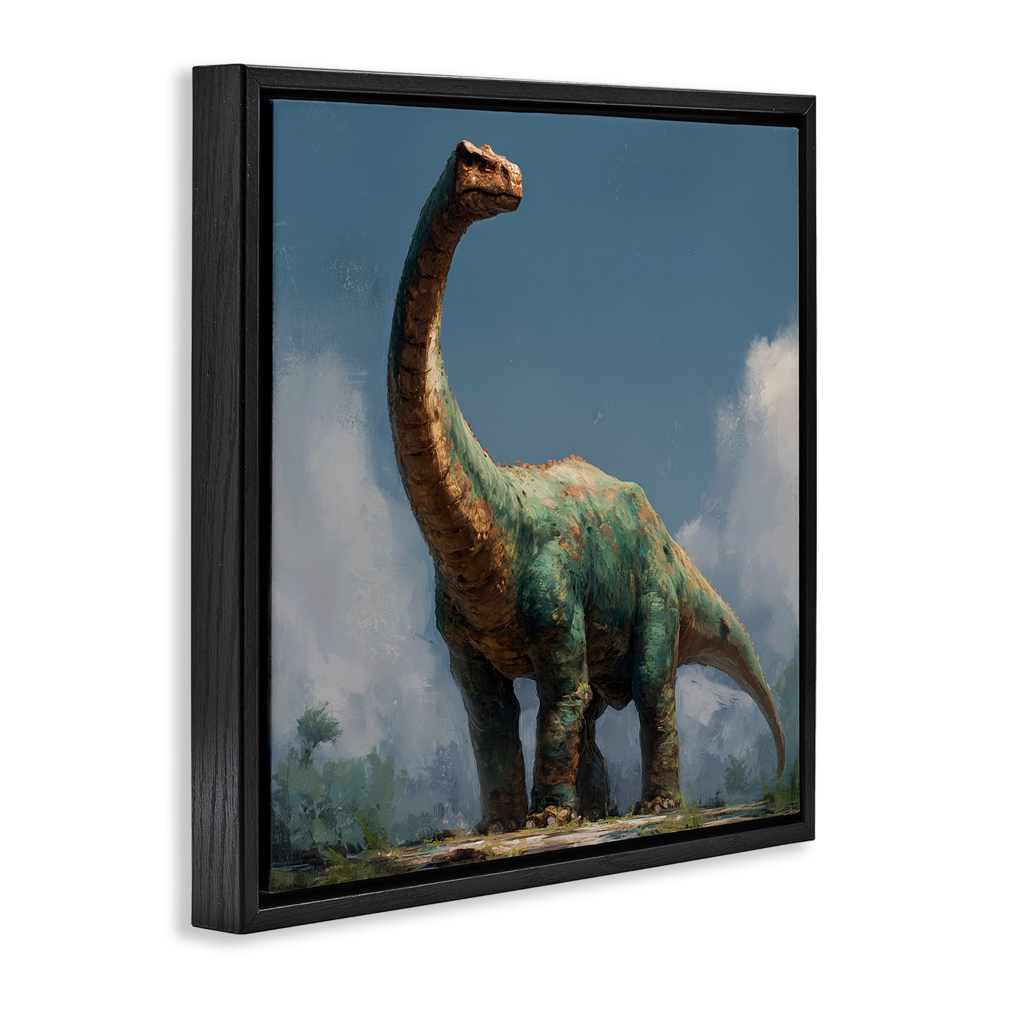 Stupell Industries Colossal Brontosaurus in Meadow Black Framed Floater Canvas Wall Art, design by Wumples