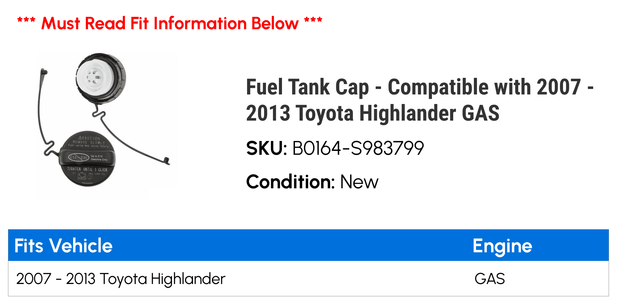 Fuel Tank Cap - Compatible with 2007 - 2013 Toyota Highlander GAS 2008 2009 2010 2011 2012