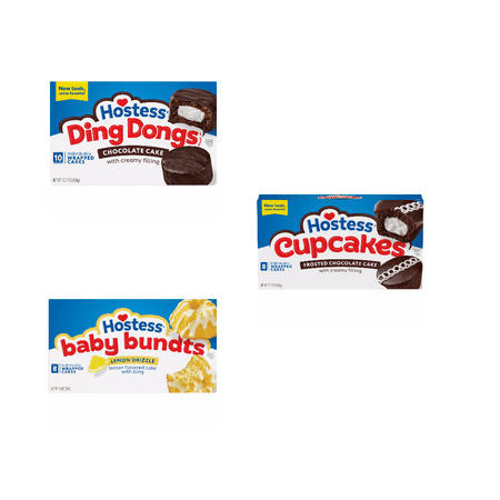 Hostess Chocolate Cake Ding Dongs 10 ct&Hostess Lemon Drizzle Baby Bundts Mini Cakes 8 ct&Hostess Frosted Chocolate Cupcakes 8 ct