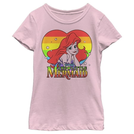 (Medium) Girl s The Little Mermaid Ariel Rainbow Heart Graphic Tee Light Pink Medium