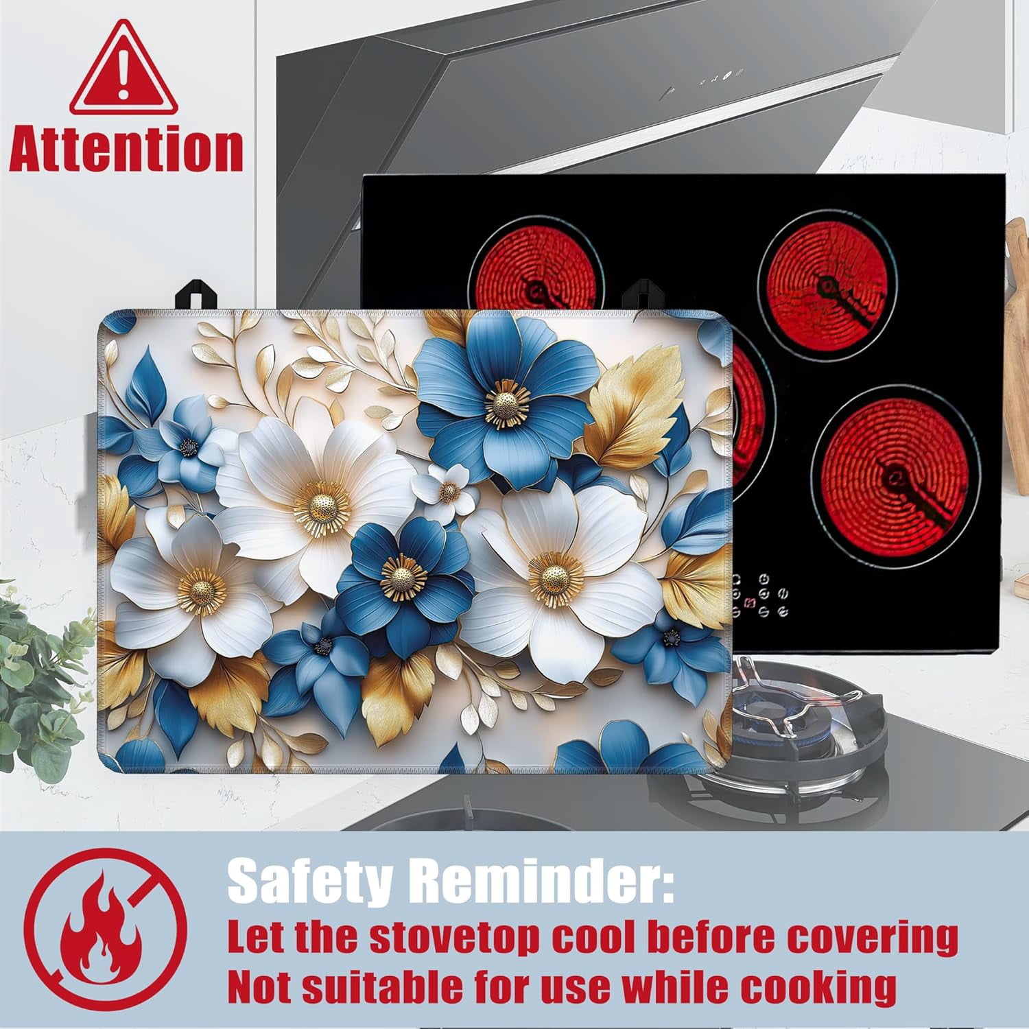 Groovy Flower Glass Top Stove Cover Protector,Modern Blue White Gold Flower Heat Resistant Stove Top Cover, Large Size Range Covers for Electric Stove Countertop Mat, 28 x 20 Inch