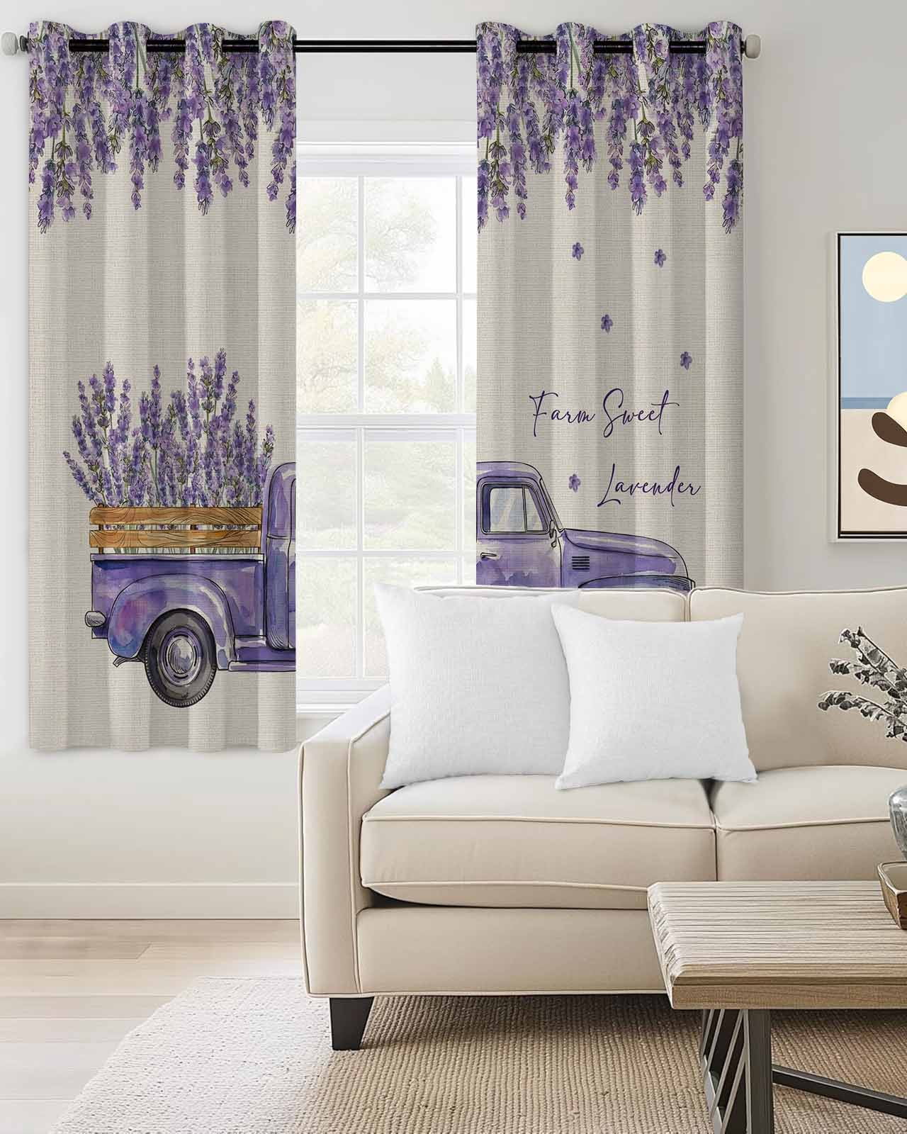 Purple Floral Blackout Curtains 63 Inch Length Farm Sweet Lavender Truck Rustic Linen Texture Thermal Insulated Window Curtain Window Drapes 2 Panels for Bedroom Living Room 52"Wx63"L