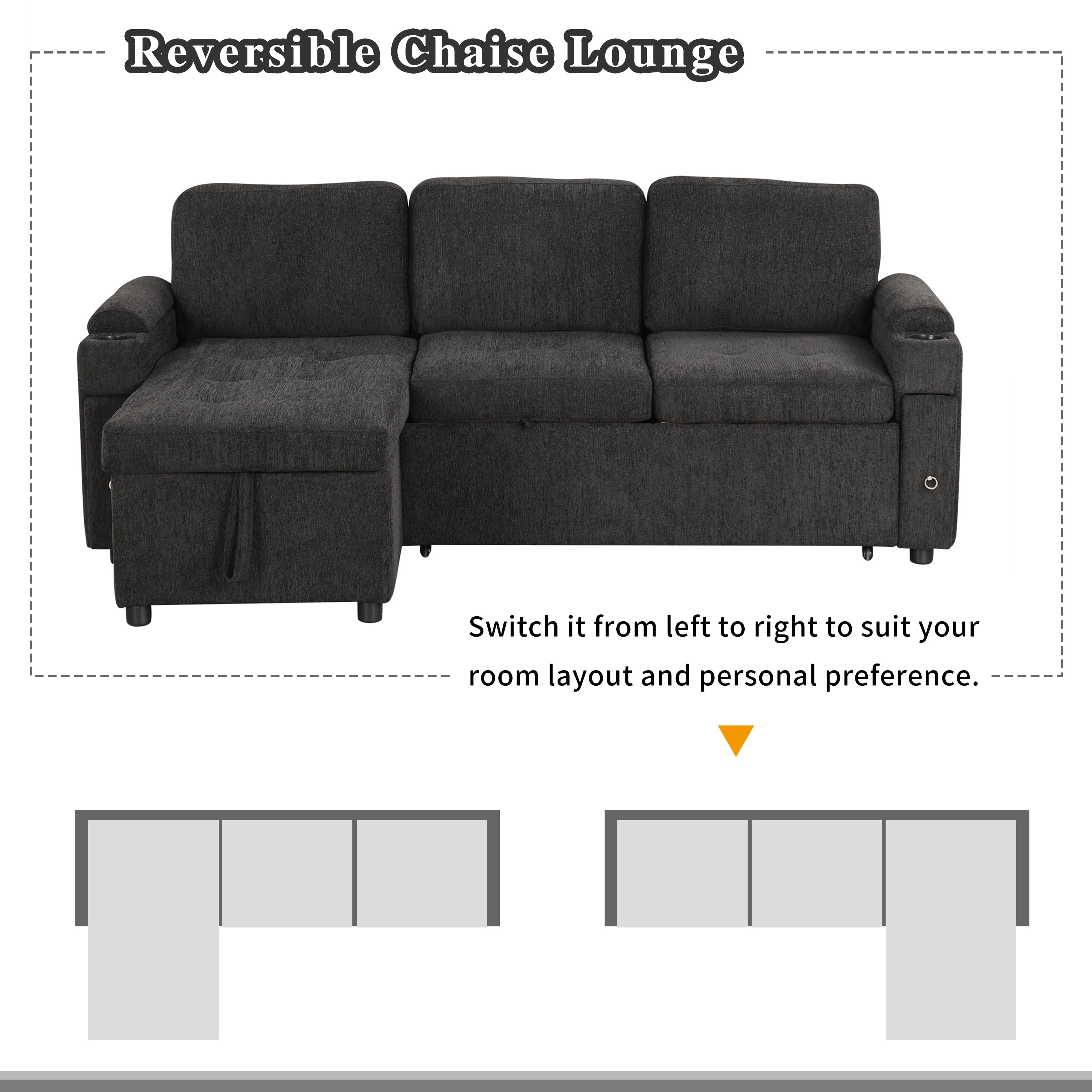 83.5" L-shaped Sofa Couch Convertible Sofa Bed Sectional Sofa with Ample Storage Space, Two Cup Holders and Two USB Ports for Living Room, Black