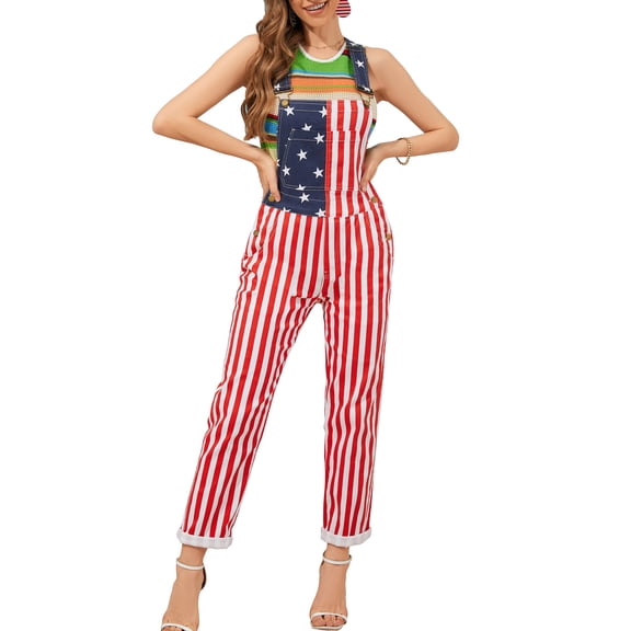 250th Anniversary American Flag Bib Overalls for Women 4th of July Outfits(Red White and Blue,M)