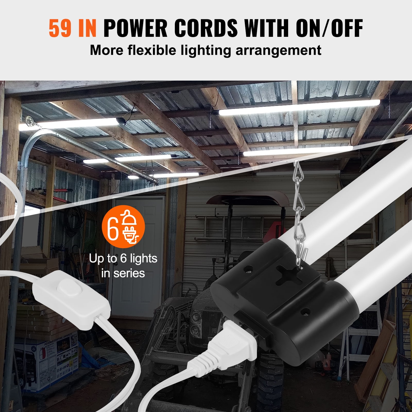 VEVOR 10 Pack LED Shop Light, 4 FT, 40W Linkable Shop Light Fixture, 4500 LM Surface & Hanging Mount Ceiling Lights 59 in Power Cords with ON/OFF Switch, for Garage Warehouse Home Workshop Office