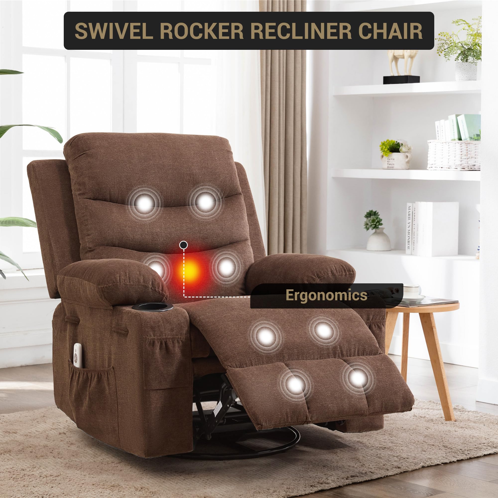 Recliner Chair Nursery, Oversized Manual Reclining Rocking Chair, 360 Swivel Glider with Cup Holder, Massage and Heat Recliner, Indoor Small Single Sofa Chairs for Adults RV Bedroom, Beige/Grey/Brown