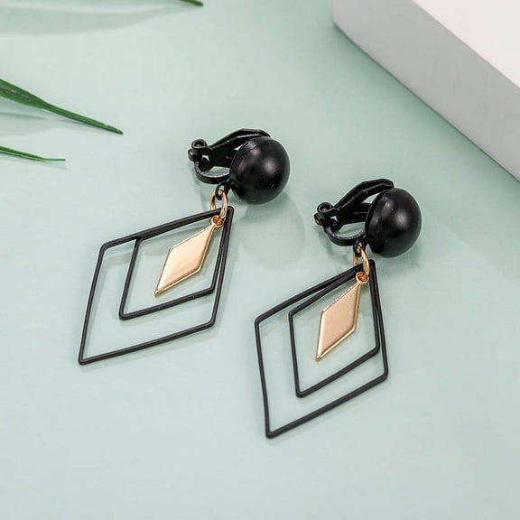 Clip on 2" black and gold layered dangle earrings