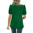 thumbnail image 2 of Slatcetga Puff Sleeve Blouse V Neck Pure Color Frill Trim Curve Hem Stretchy Casual Blouse for Women Summer Dark Green S, 2 of 6