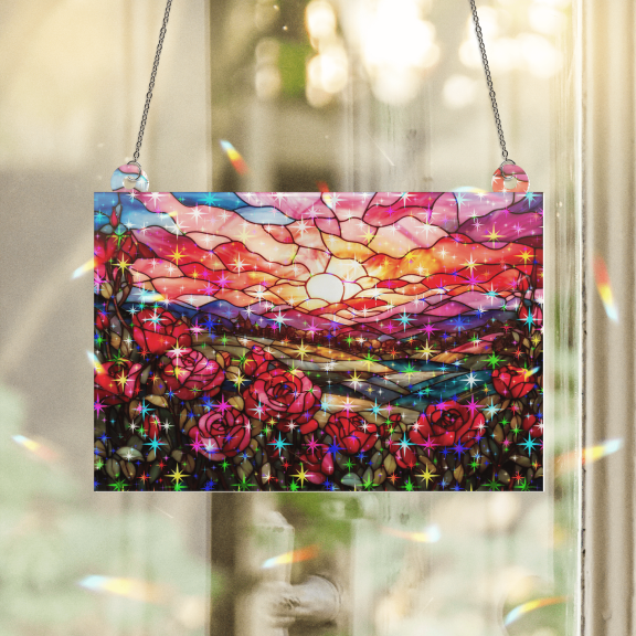 89Bloom Rose Stained Glass Hologram Ornament, Stained Glass Suncatcher Ornaments Home Decor, Flower Holographic Ornaments