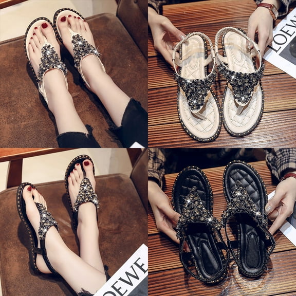 Jacenvly 2024 New Flat Beach Sandals Women's Flip Flops Beaded Rhinestone Roman Shoes Black Sandals for Women