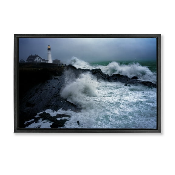 Stupell Industries Splashing Waters with Lighthouse Nautical & Beach Photography Black Floater Framed Canvas Art Print Wall Art, 25 x 17