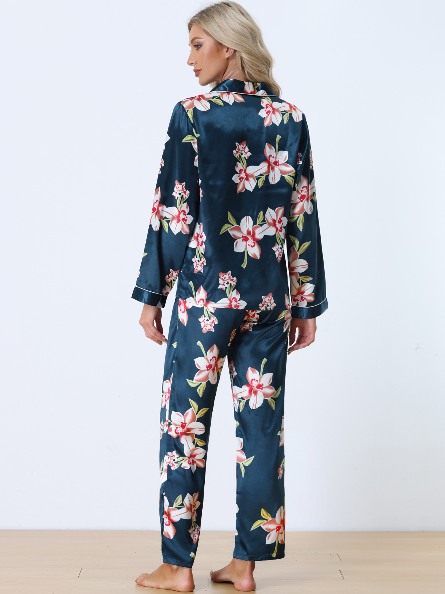 DARING DIVA Women's 2 Pcs Satin Silky Floral Pajama Sets XS Navy Blue