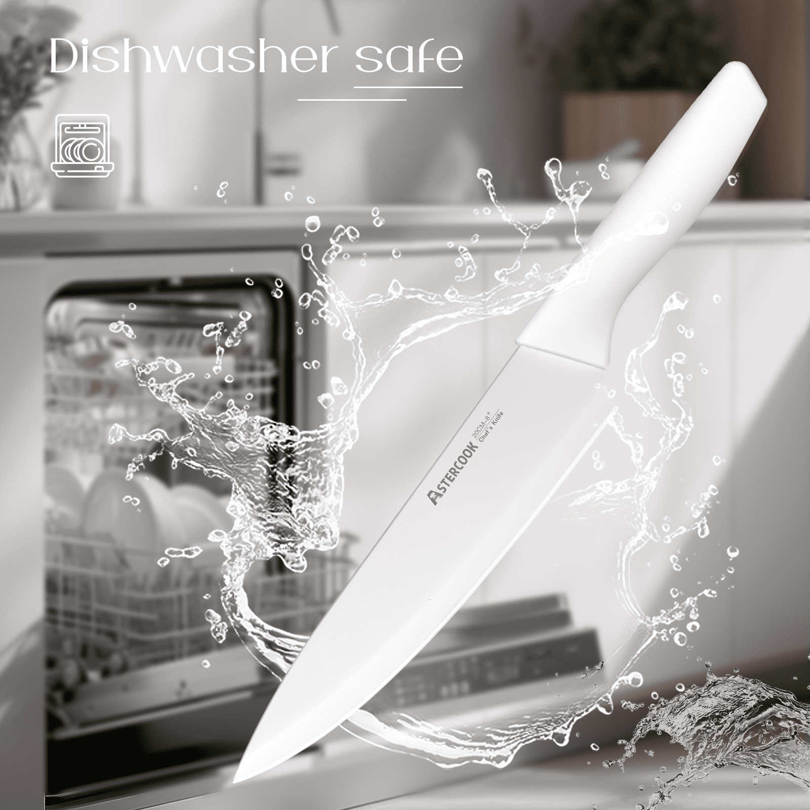 Astercook Knife Set, 14 Pieces Kitchen Knives Set with Healthy Anti-Rust Coating, Stainless Steel Knife Sets with Built-in Sharpener, Sharp & Rust Resistant Dishwasher Safe Bright White