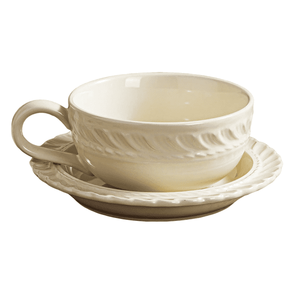 2 Pcs Vintage Embossed Ceramic Coffee Mug with Saucer Set, 10 fl oz / 300 ml Beige Coffee Cup, French Style Latte Cappuccino Espresso Cup with Unique Petal Design, Floral Teacup Gift