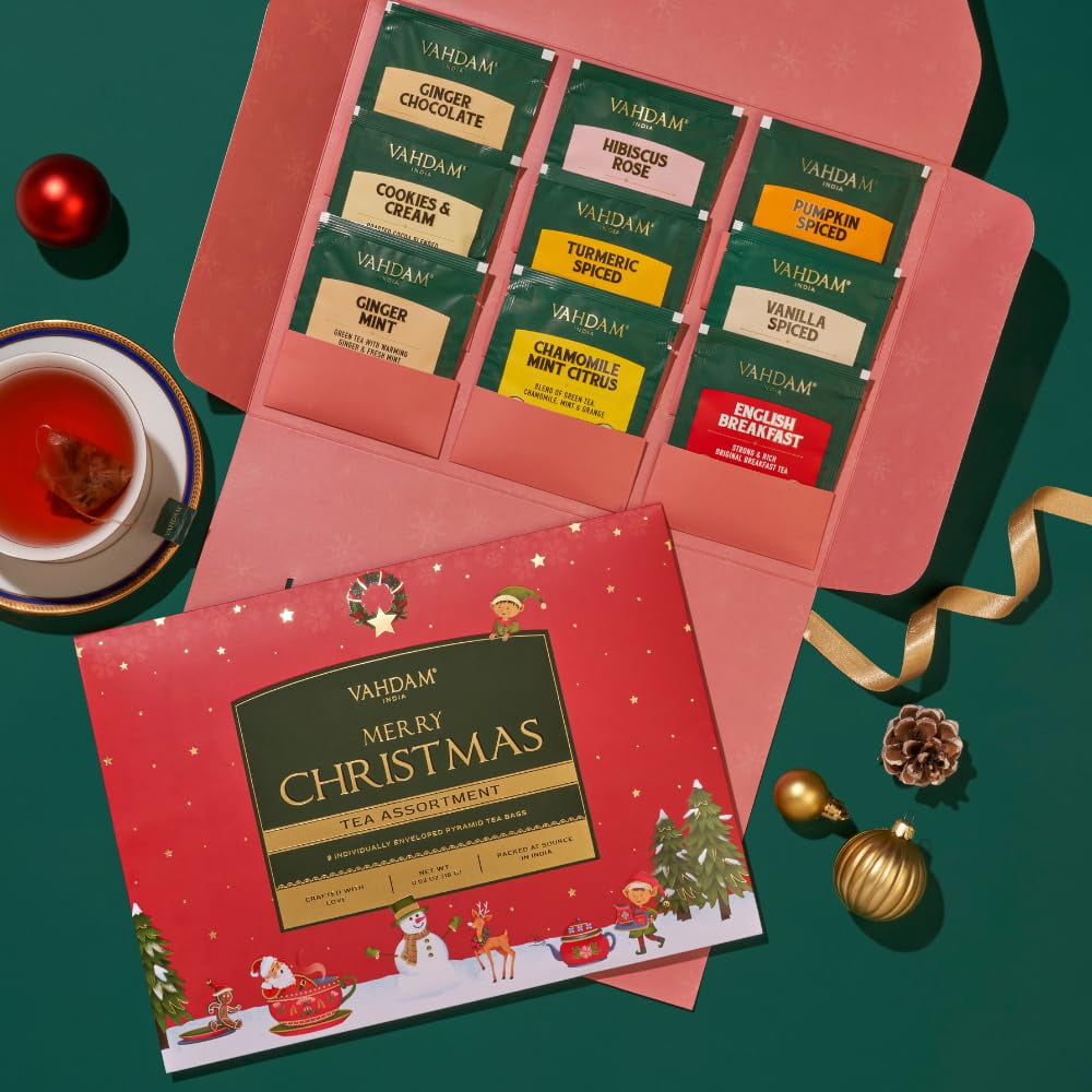 VAHDAM Christmas Tea Gift Set (9 Individually Wrapped Tea Bags) Limited Edition- Gluten Free & Non GMO
