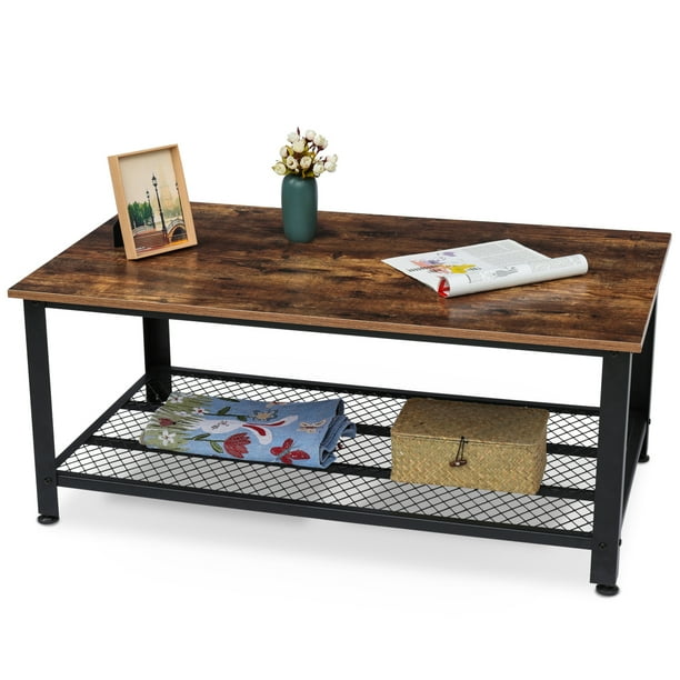Augienb Wood Metal Coffee Table With Storage Shelf Look Accent Furniture Black Frame Easy Assembly Rustic Brown 42 X 24 X18 L W H Com - Wood And Metal Coffee Table With Storage
