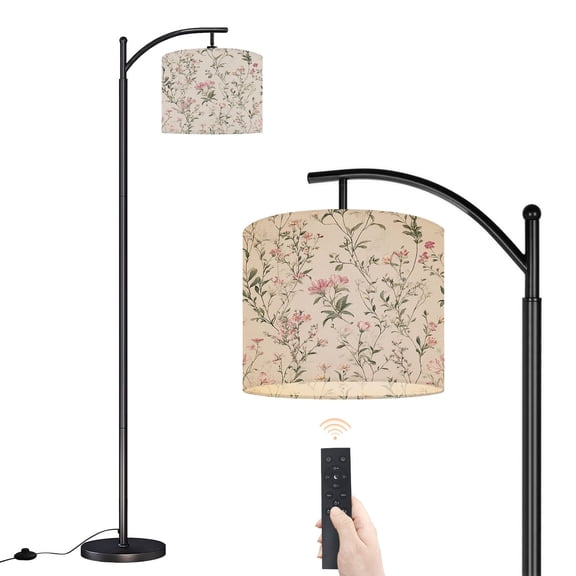 Arc Floor Lamp with Adjustable Lampshade Vintage Floral Delicate Pink Green Botanicals Beige Standing Lamp 3 Color Temperatures Dimmable Tall Pole Lamp with Foot Switch for Bedroom