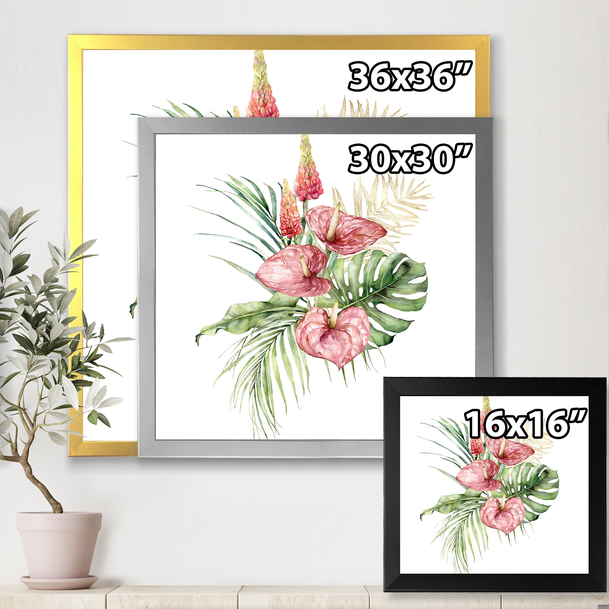 Designart 'Tropical Bouquet With Anthurium Lupine and Leaves On White I' Traditional Framed Art Print