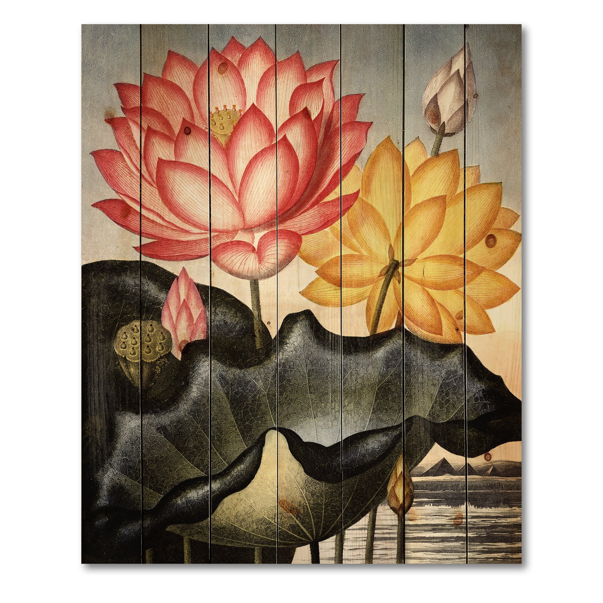Designart 'Ancient Flowers II' Traditional Print on Natural Pine Wood