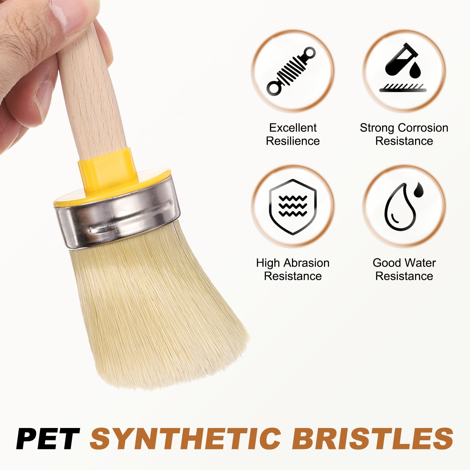 Uxcell  Wax Paint Brushes, 2 x 0.7 Inch Paint Brush, Oval PET Fiber Bristle with Wood Handle, Painting Tool for Furniture DIY Home Decor Art Crafts, Yellow