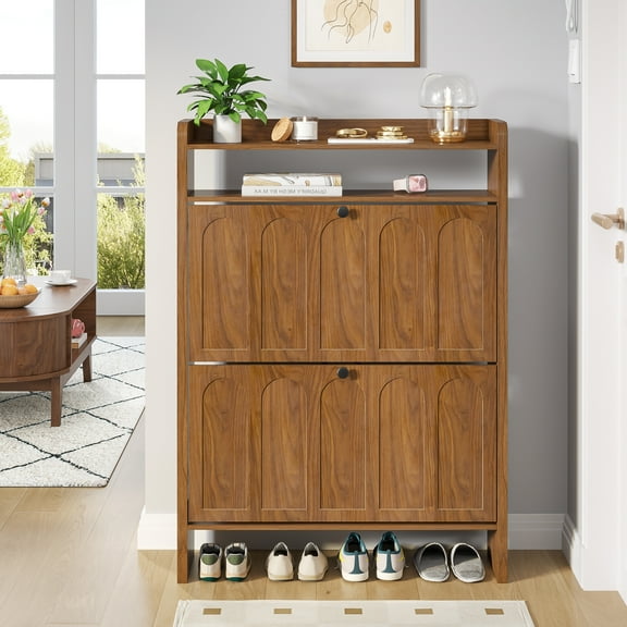 Shoe Storage Cabinet with 2 Flip Drawers, Shoe Cabinet Organizer with Open Storage, Narrow Shoe Rack Cabinet for Entryway, Hallway, Foyer, Walnut