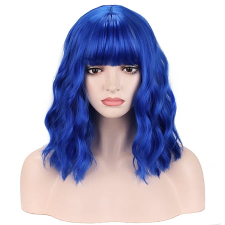 RightOn Blue Wig Short Curly Wavy Wig Blue Wig with Bangs Blue Wig for Women Girls Synthetic Wigs with Wig Cap