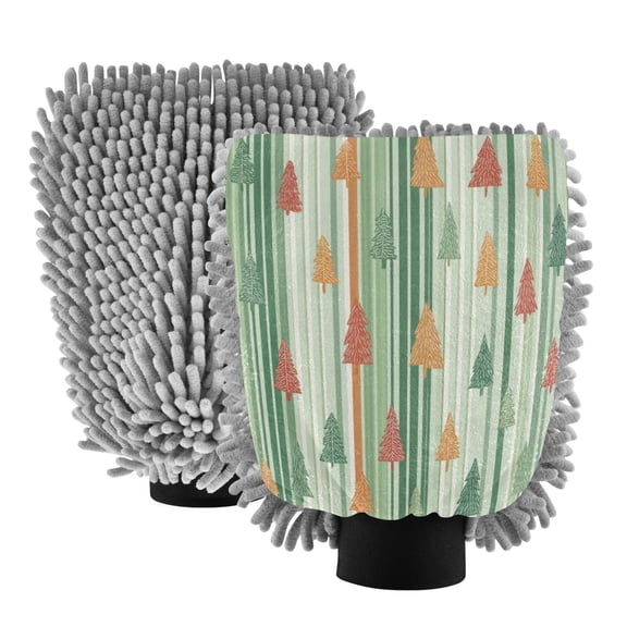 Microfiber Car Wash Gloves With Chenille & Polyester Terry Scratch-Free Cleaning Elastic Cuffs Pine Tree