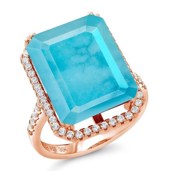 Gem Stone King 11.50 Ct Emerald Cut Green Turquoise 18K Rose Gold Plated Silver Ring
