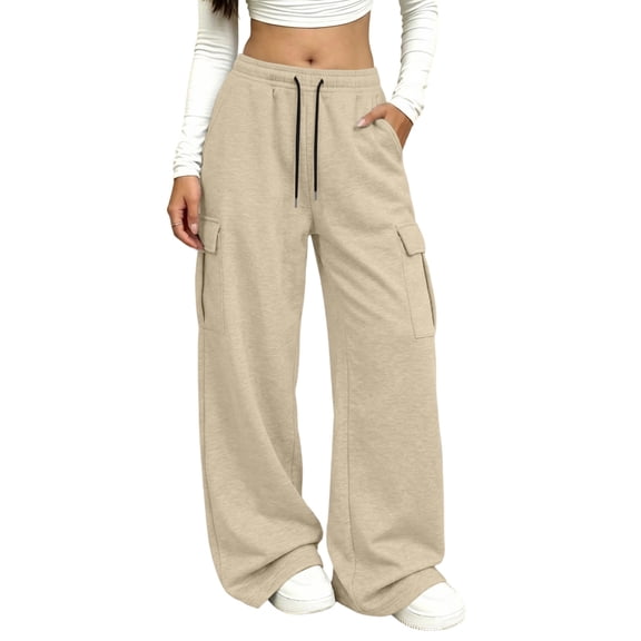 Sewkxo Womens Cargo Sweatpants High Waist Drawstring Baggy Fleece Lined Sweatpants Straight Casual Athletic Joggers with Pockets,Beige L