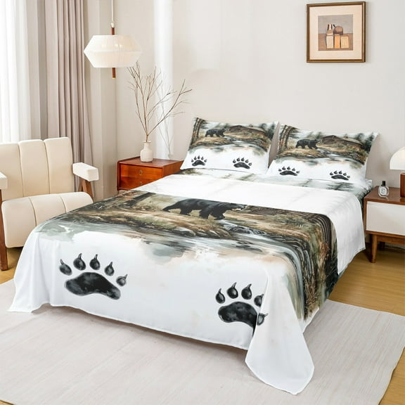 Manfei Wildlife Bear Print Twin Sheet Sets for Child, Jungle Animal Twin Fitted Sheet, Rustic Cabin Flat Sheet, Microfiber Bedroom Decor, 3 Pieces