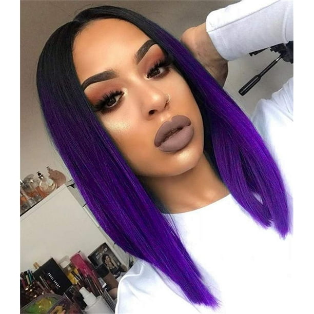 Peluca rápida Peluca morada Peluca corta y recta Bob Peluca de color negro a morado Pelucas coloridas para niñas Longitud de los hombros Cuervo sintético Pelucas de fiesta de cosplay de Halloween para
