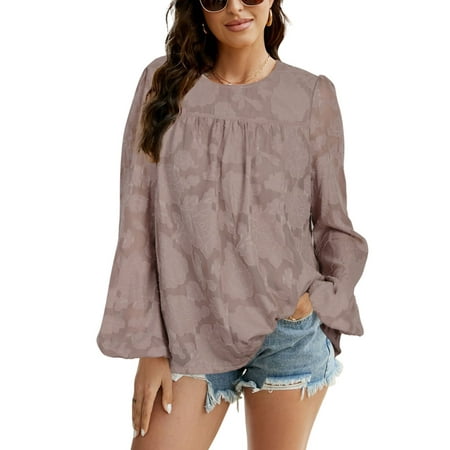 EFINNY Women s Long Lantern Sleeve Blouse Crewneck Lace Tops Floral Textured Spring Autumn Casual Babydoll Shirts