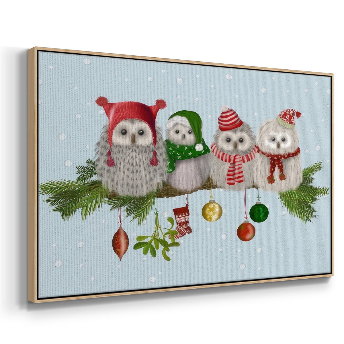 Christmas Fluffy Christmas Owls on Branch - Framed Gallery Wrapped Holiday Canvas - 17 x 25 - Natural Wood Frame