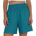 thumbnail image 2 of Linen Shorts Women Elastic Smocked Waist Patch Pocket Breathable Summer Casual Bottoms Blue XL, 2 of 6
