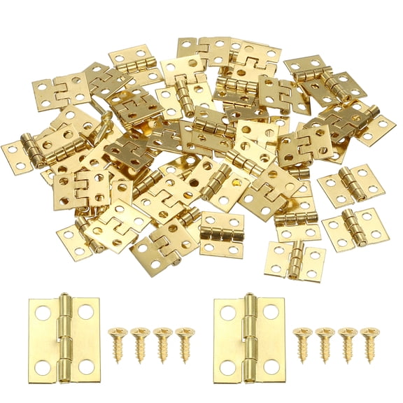 Uxcell 30 Pcs Mini Door Hinges, 18x15mm Folding Cabinet Hinge, Gold, 0.71x0.59" (L*W), Brass-Plated Iron, 180 Degree, with 120 Pcs Screw for Wooden Box, Jewelry Box, Cabinet, Chest, DIY