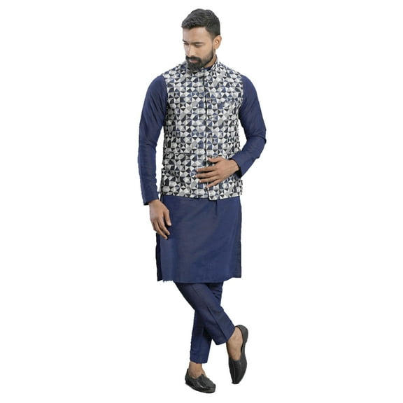 ELINA FASHION Men's Indian Cotton Kurta Pajama And Printed Nehru Jacket (Waistcoat) Indian Wedding Ethnic Diwali Puja Set