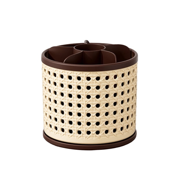 Vanity Desk Makeup Storage Rotating Rattan Texture Organizer Large Capacity Divided Holders for Desk Pen Lipstick Eyeshadow Cosmetic Brushes Container