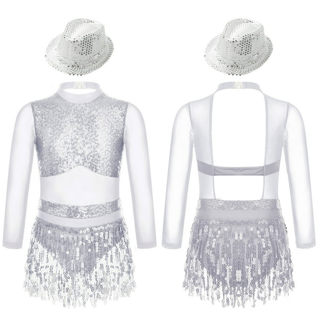 Yhong Grande Fille Ourlet à Franges Samba Rumba Jazz Robe de Danse Lyrique Tango Latin Compétition de Salon Vêtements de Danse Argent 8