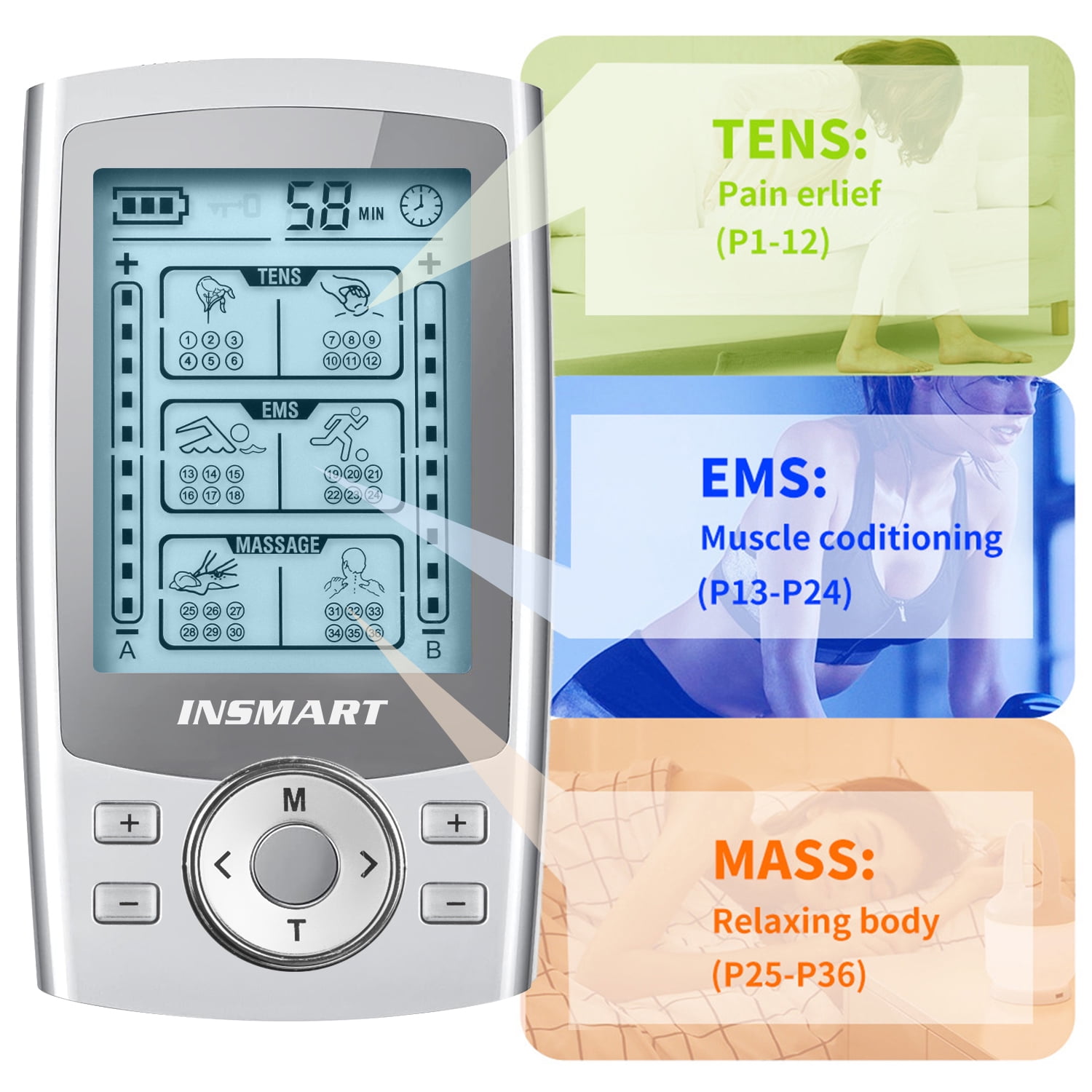 INSMART TENS Unit Rechargeable Muscle Stimulator EMS Dual Channel with 10 Reusable Electrode Pads 36 Modes for Back Neck Pain Muscle Therapy Pain Management Pulse Massager (Escalate)