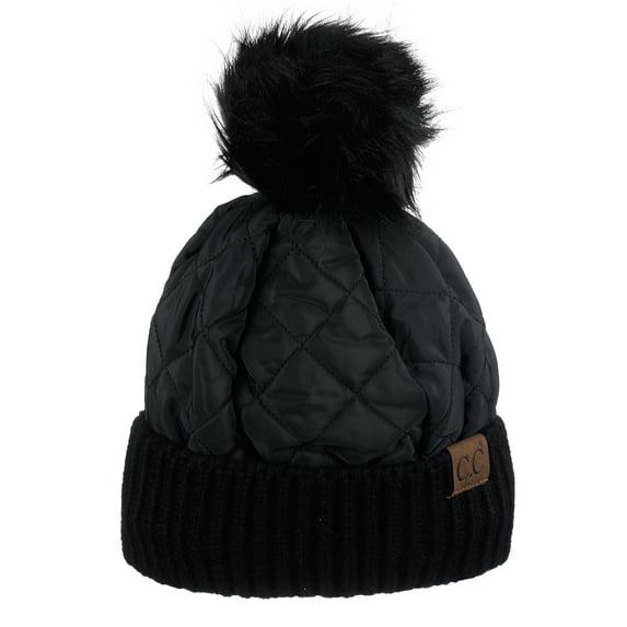 C.C Soft Quilted Puffer Detachable Faux Fur Pom Inner Lined Cuff Beanie Hat, Black
