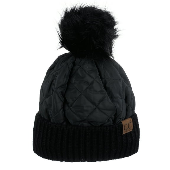 C.C Soft Quilted Puffer Detachable Faux Fur Pom Inner Lined Cuff Beanie Hat, Black