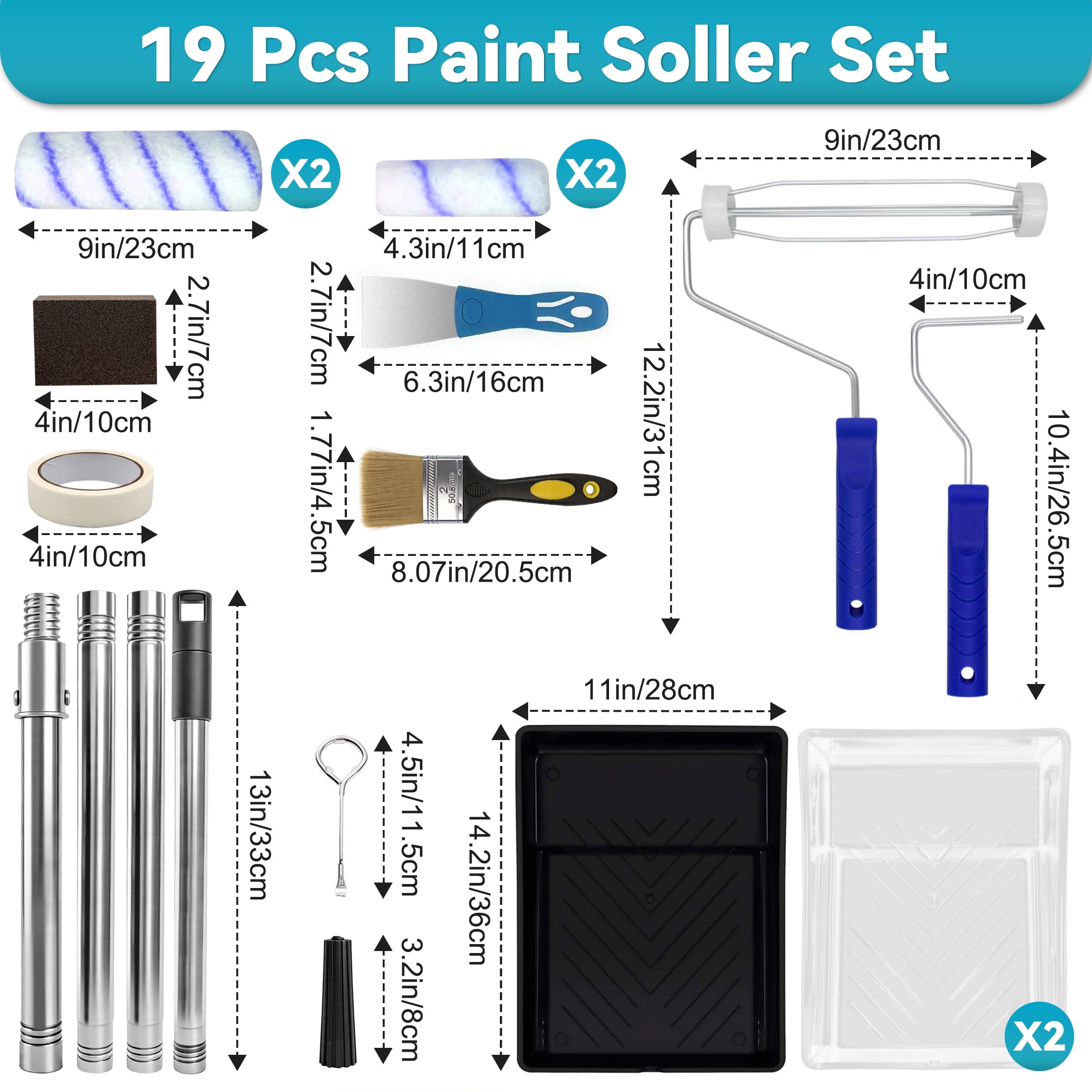 Paint Roller Kit with Extension Pole, 19 Piece Paint Brushes Set for House & Wall Painting, Indoor/Outdoor House Painting Tool Kit