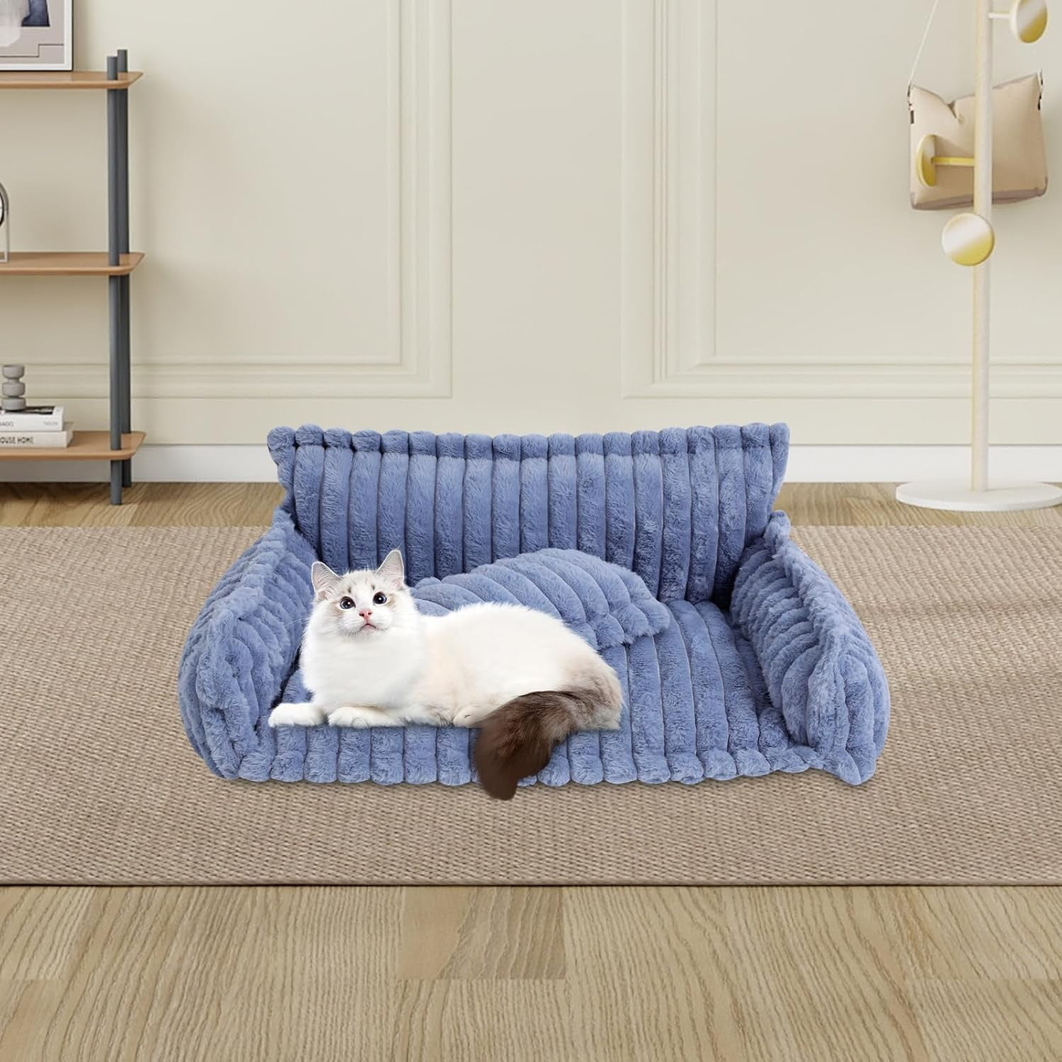 Dog Bed for Small Dogs & Cats - Dog Sofa Fluffy Cat Beds with Removable Washable Cover Supportive Foam Pet Couch Bed Pet Sofa for Small Medium Pets (Blue Large)