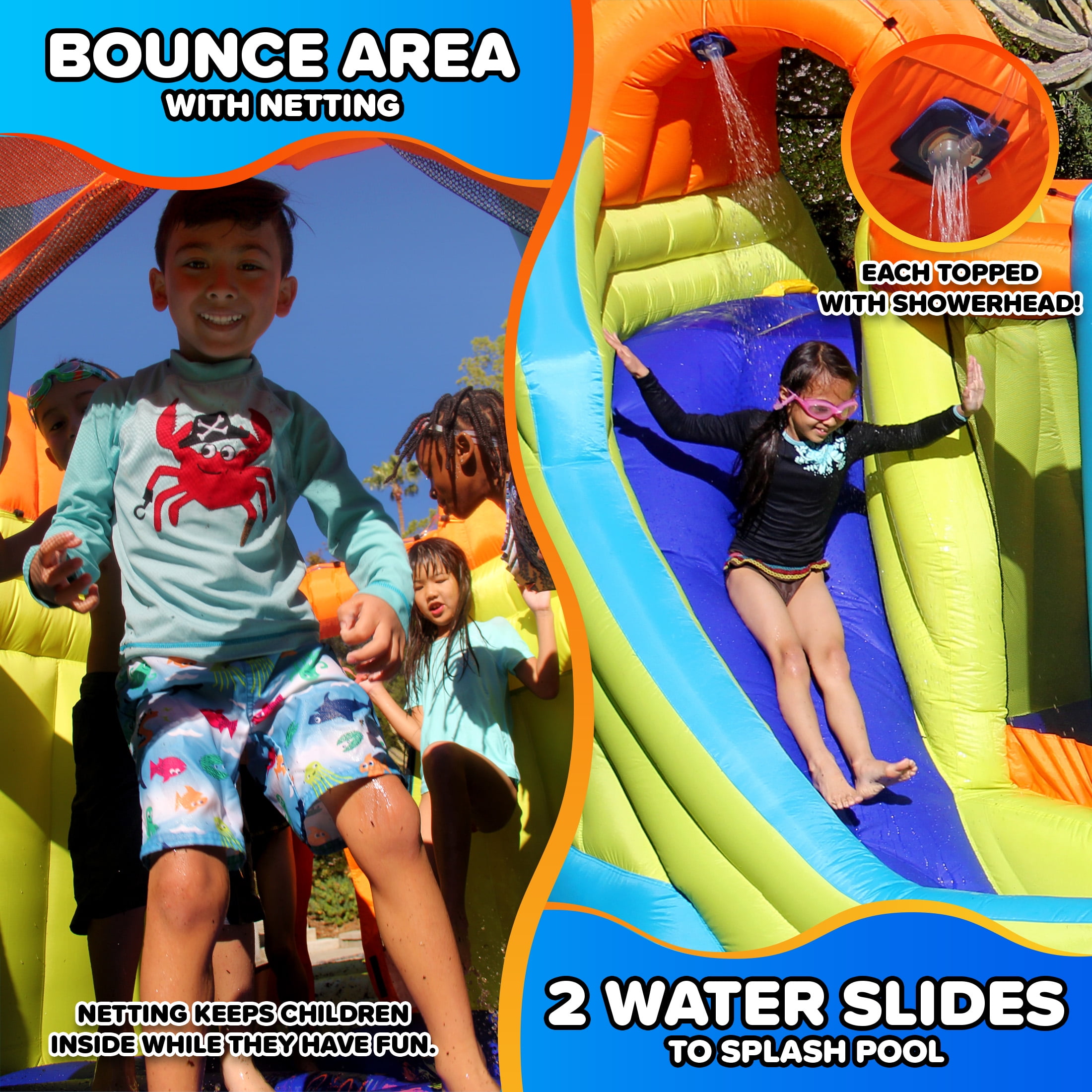 Sportspower Inflatable Water Slide Bounce House with Dual Slides, Splash Pool, Sprinklers, Heavy Duty Blower Included, Outdoor Backyard Water Park for Kids