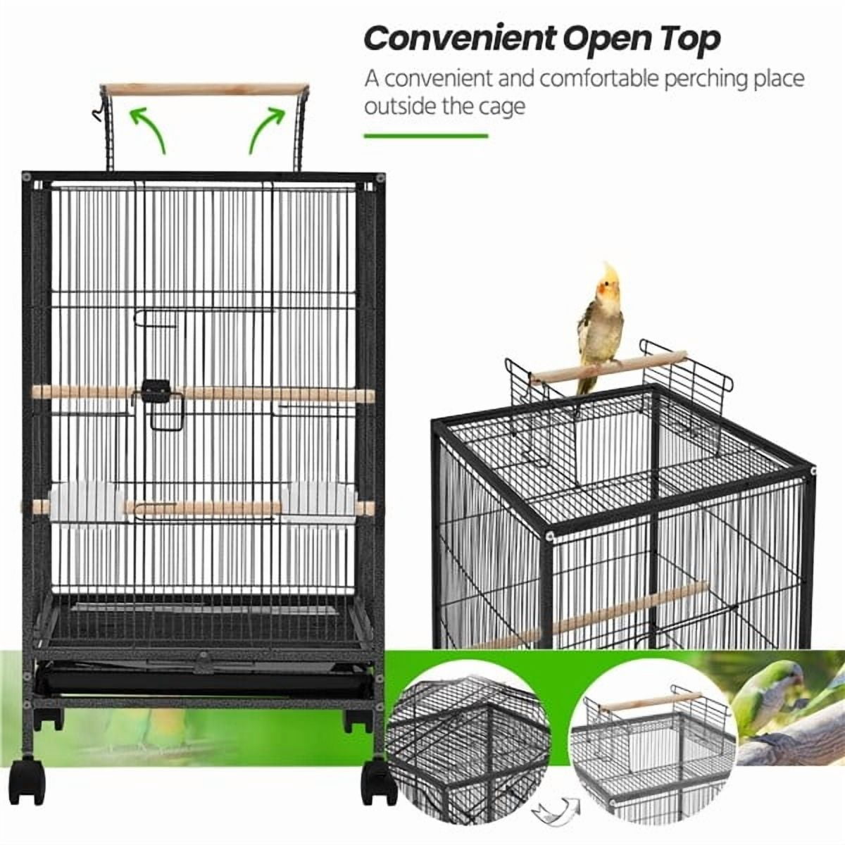 FASCK 36-Inch Sturdy Wrought Iron Bird Flight Open Play Top Cage with Rolling Stand for Parrots Conure Lovebird Cockatiel